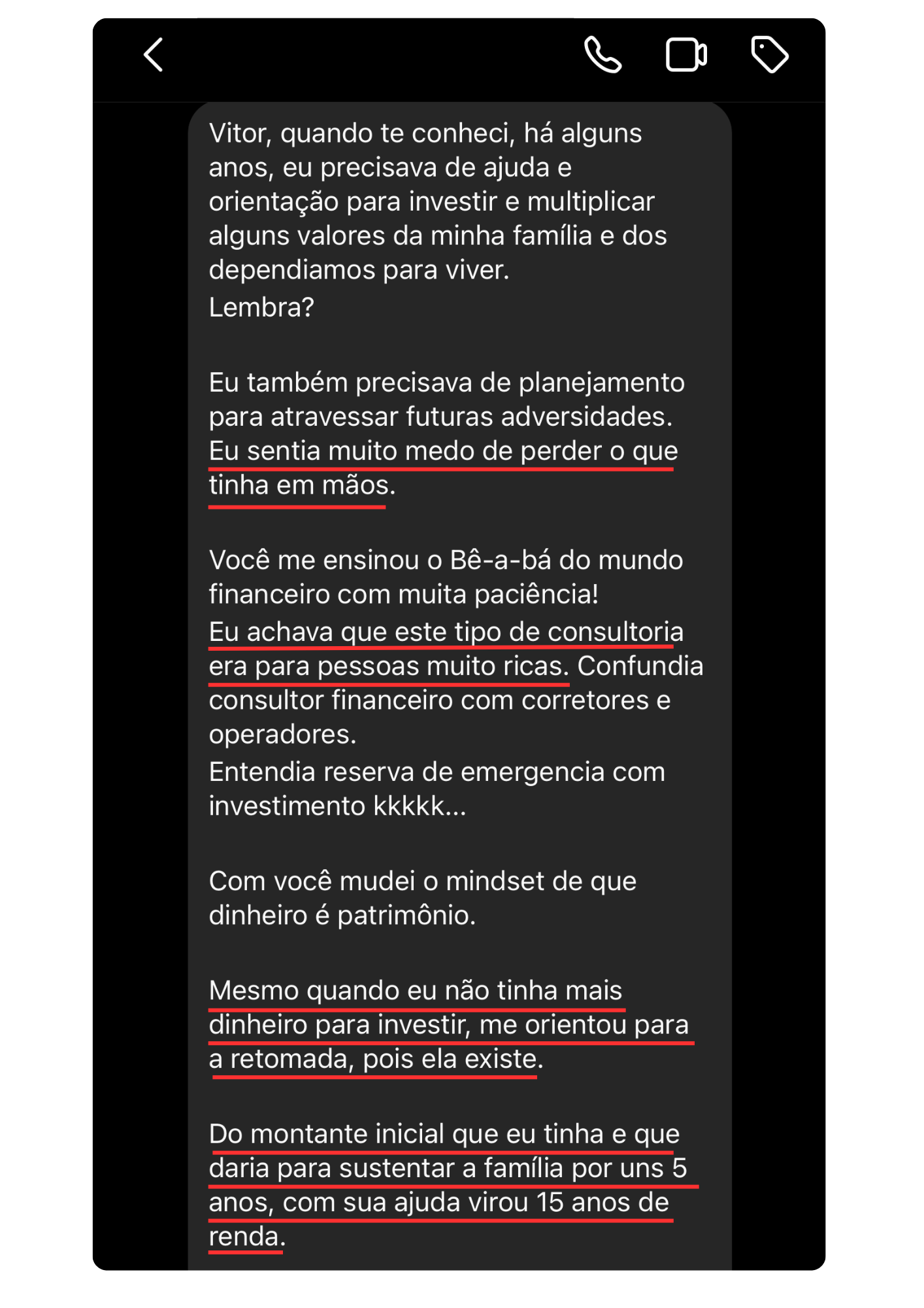 Depoimento de cliente sobre planejamento financeiro e segurança