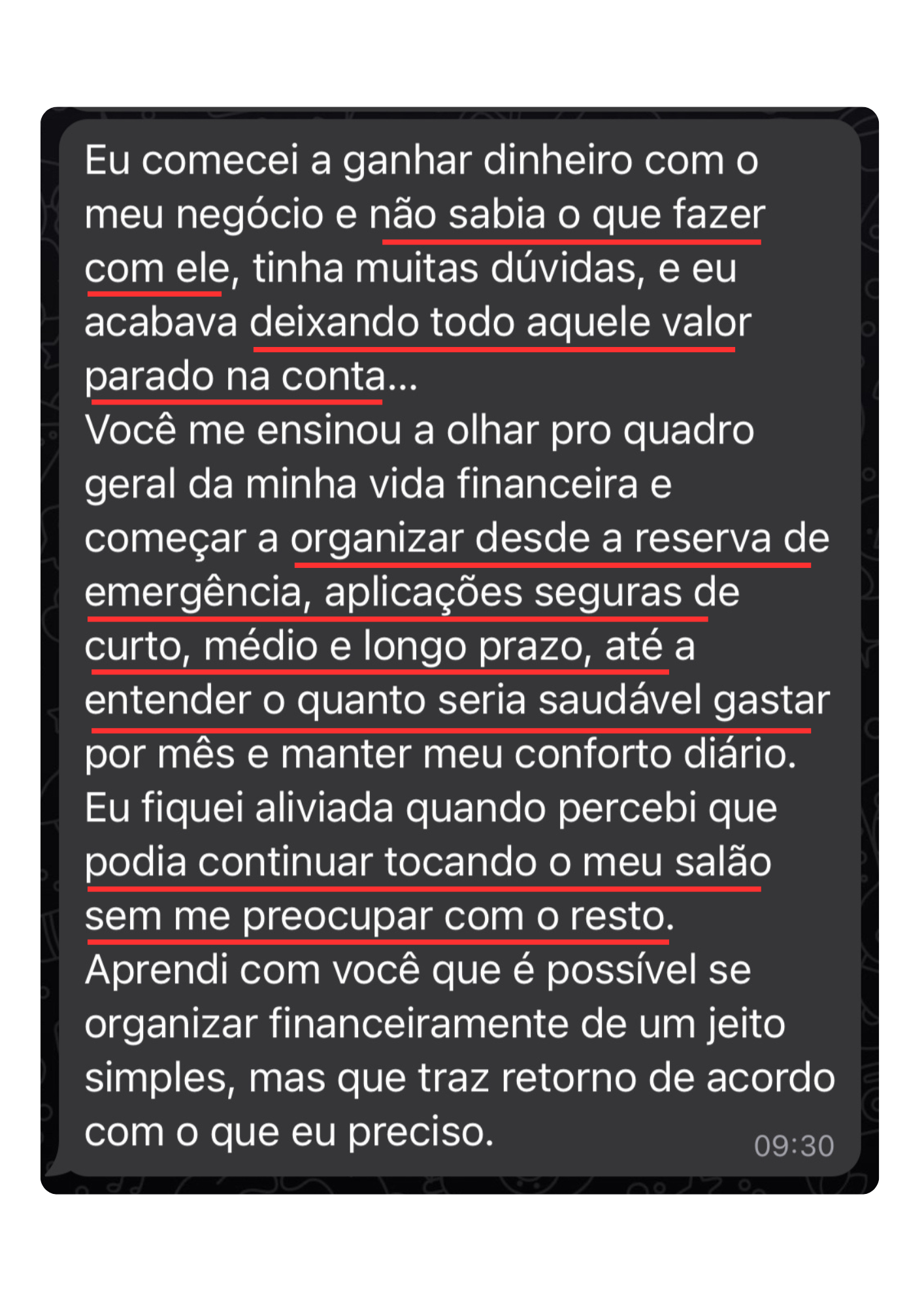 Depoimento de cliente sobre organizar a reserva de emergência